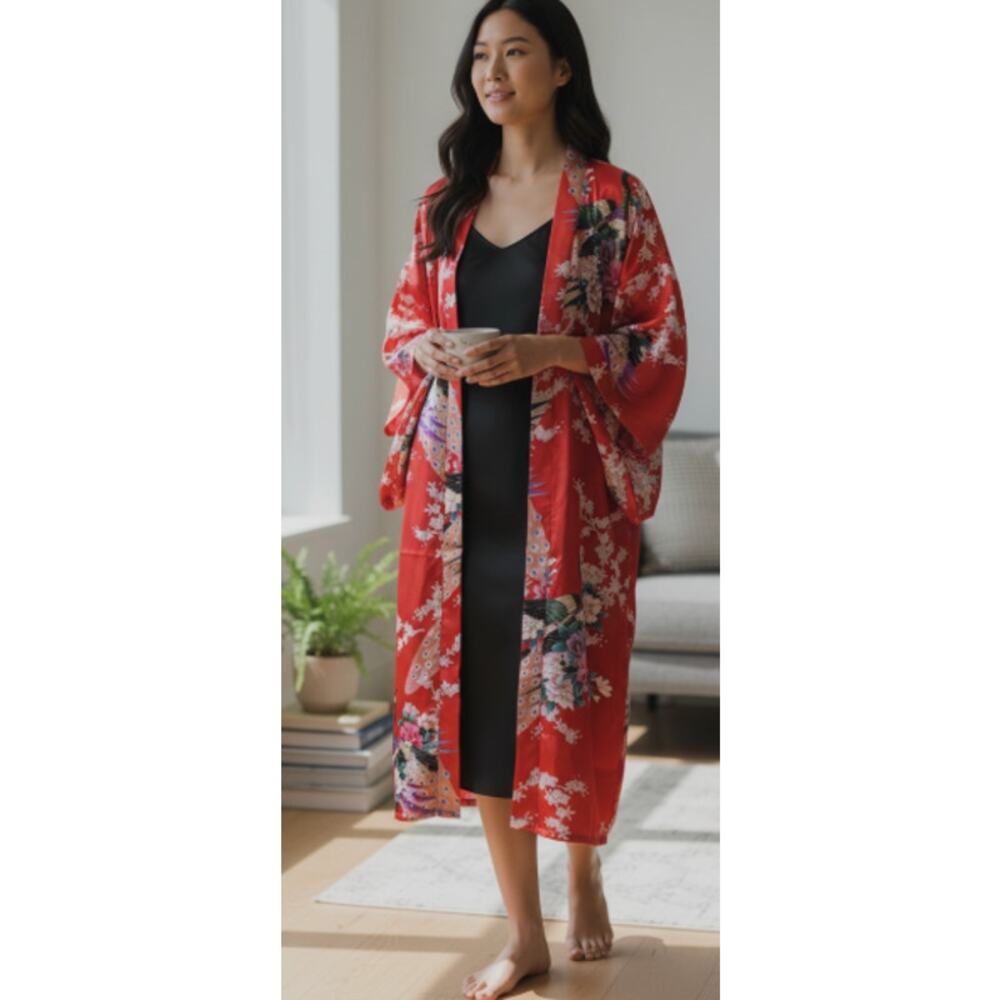 Oriental Village Silk Collection Floral Red Kimono Robe OS